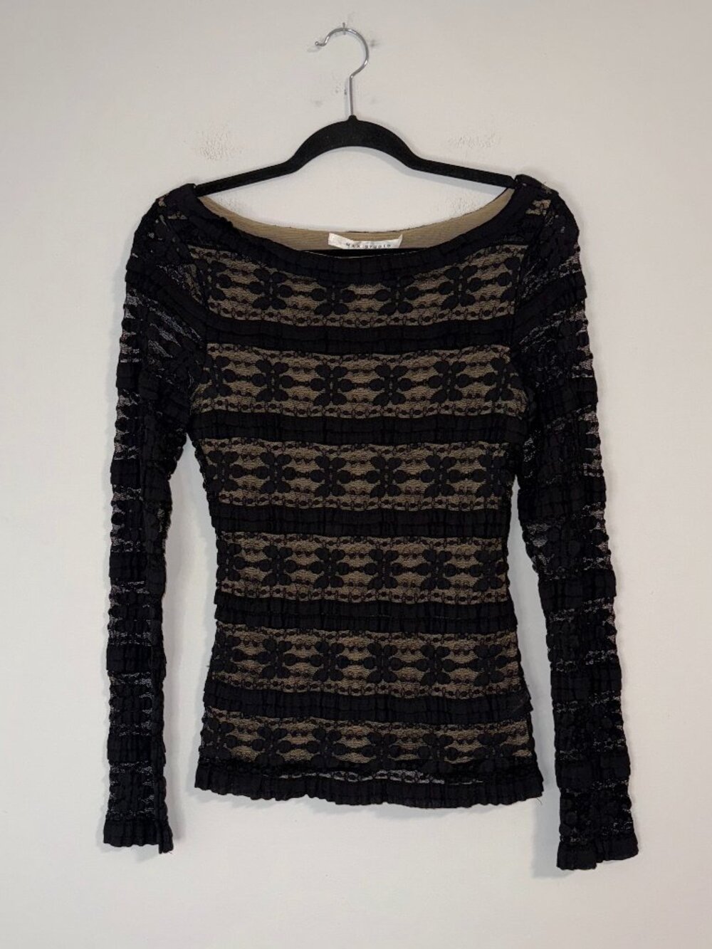 VTG Y2K Max Studio Black Floral Lace Ruffle Nude Mesh Long Sleeve Top Sz M